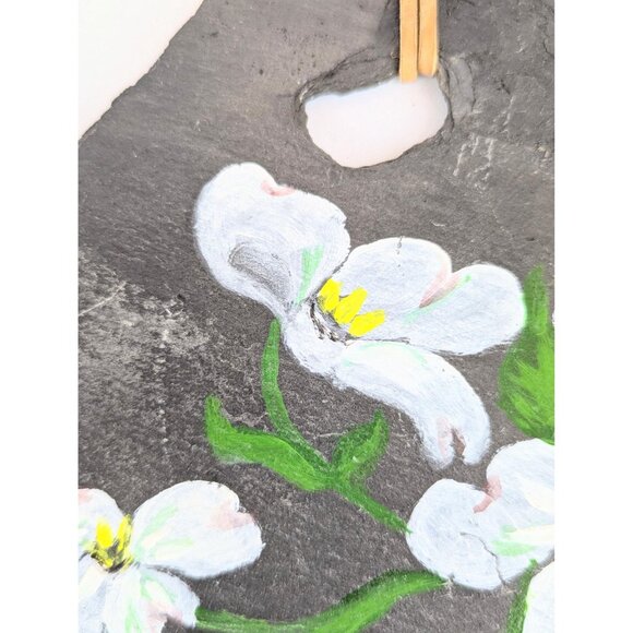 Large Hand-Painted Gray Slate Wall Hanging Art White Dogwood Flowers Rustic Boho - Picture 5 of 10